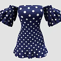 Navy Blue White Polka Dot Dress Off Shoulder Design With Ruffled Sleeves And Hem