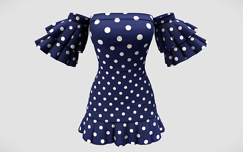 Women's Blue Polo Dot Mini dress Shoulder Skirt 3d model