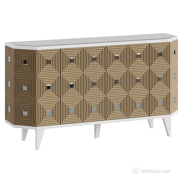 Modern Gold And White TV Stand With Geometric Pattern Drawers And White Legs 3d model 