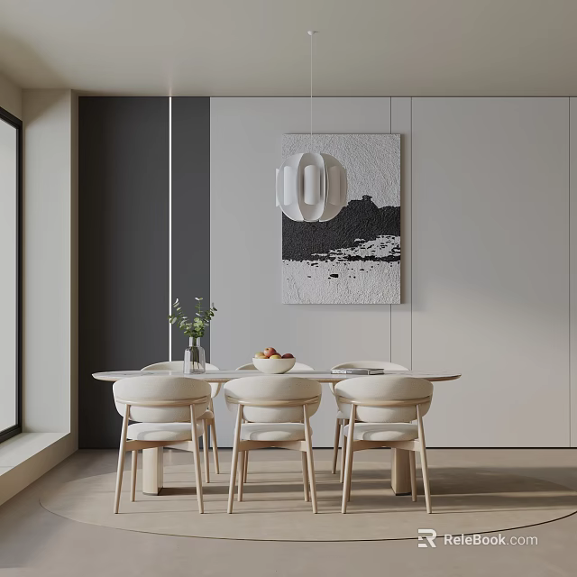 Modern Dining Table Set With Chairs Wall Art And Greenery Interior Design 3d model