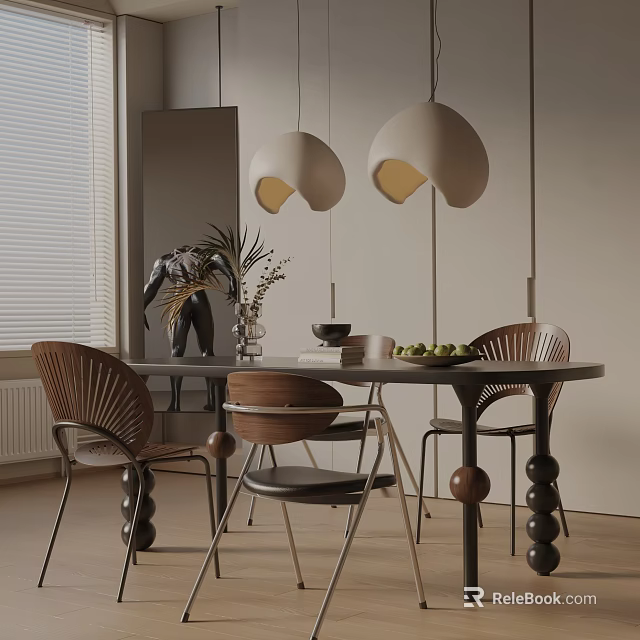 Modern Wooden Sofa Stool With Black Cushion In Minimalist Dining Area Design 3d model 