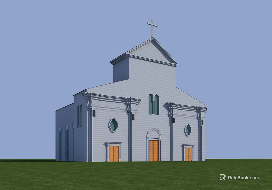 Christian Religious Church Building With Cross White Exterior Orange Doors And Green Lawn 3d model 