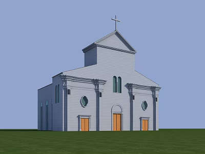 Christian Religious Church Building With Cross White Exterior Orange Doors And Green Lawn 3d model