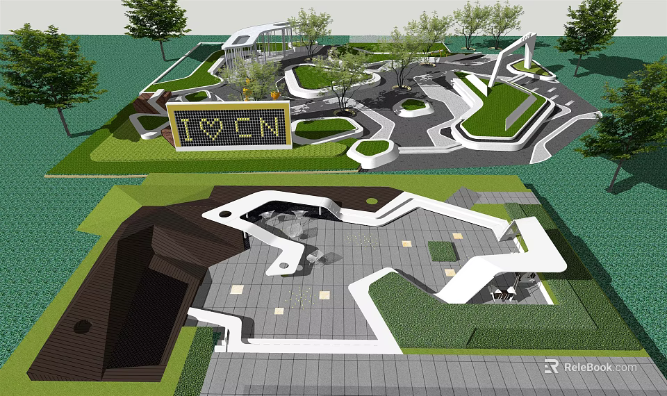 Modern Park Landscape Design With Geometric Paths Green Lawns And Seating Areas 3d model 