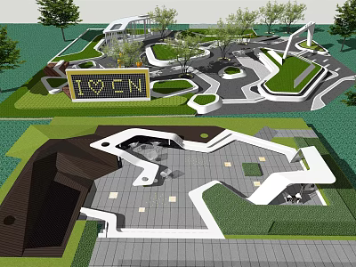 Modern Park Landscape Design With Geometric Paths Green Lawns And Seating Areas 3d model