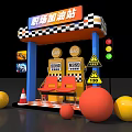 Workplace Gas Station Scene With Gas Pumps Colorful Balls And Traffic Cones