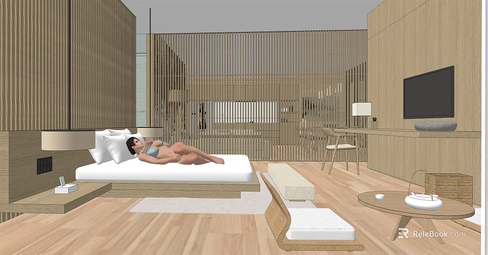 Modern Minimalist Hotel Room With Wooden Screens Flooring And Comfortable Bed Furniture 3d model 