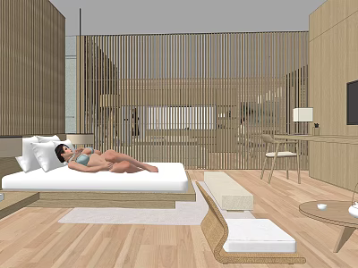 Modern Minimalist Hotel Room With Wooden Screens Flooring And Comfortable Bed Furniture 3d model
