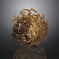 Abstract Golden Spiral Sculpture Composed Of Metallic Leaves With Reflective Surface