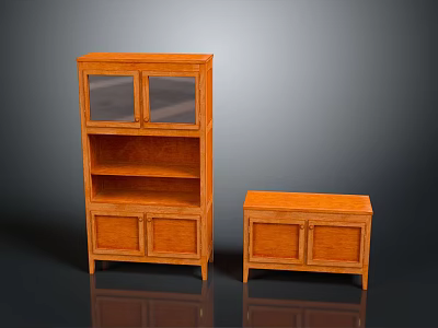 Orange Wooden Furniture Set Featuring Tall Cabinet With Glass Doors And Low Cabinet With Drawers 3d model