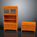 Orange Wooden Furniture Set Featuring Tall Cabinet With Glass Doors And Low Cabinet With Drawers