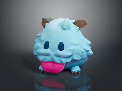 Cute Blue Fluffy Game Movie Character With Brown Horns Big Eyes And Pink Tongue 3d model