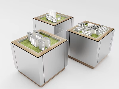 Display Shelves With Transparent Cube Design Green Lawn Top And Small Building Models 3d model