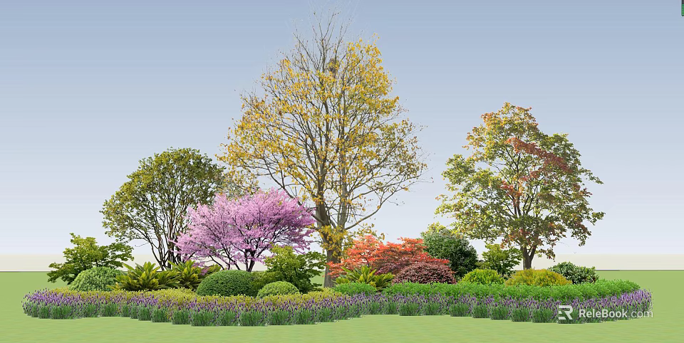 Colorful Garden Flowers And Trees With Purple Blossoms Green Shrubs And Lawn 3d model 