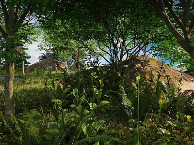 Lush Forest Scenery With Tall Trees Green Foliage Rocks And Sunlight Through Leaves 3d model