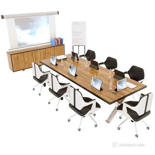 Modern Conference Table with Laptops Office Chairs Projection Screen and Display Board in Meeting Room 3d model 