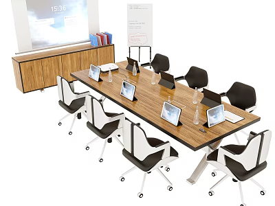 Modern Conference Table with Laptops Office Chairs Projection Screen and Display Board in Meeting Room 3d model