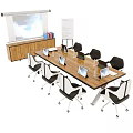 Modern Conference Table with Laptops Office Chairs Projection Screen and Display Board in Meeting Room
