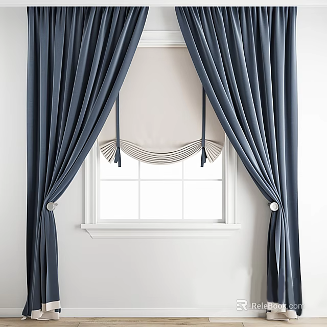 Navy Blue Velvet Curtains With Tassels And Roman Shade For Window Interior 3d model 