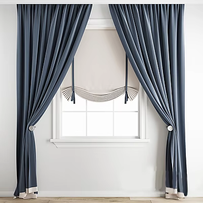 Navy Blue Velvet Curtains With Tassels And Roman Shade For Window Interior 3d model
