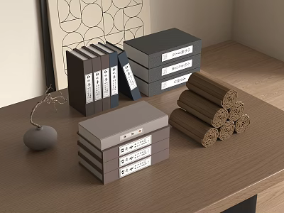 Neat Stacks of Books and Magazines on Wooden Table with Scrolls and Decorative Ornament 3d model