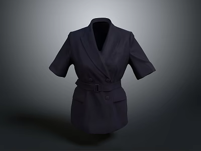 Stylish Dark Colored Short Sleeved Double Breasted Belted Blazer for Modern Fashion Look 3d model