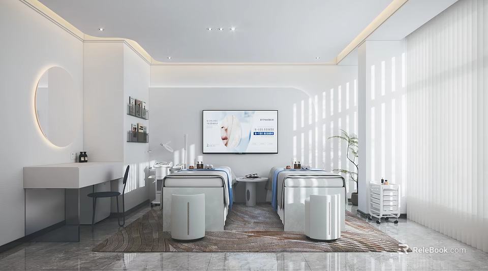Modern Beauty Salon Interior Design With Treatment Beds LED Screen And Natural Light 3d model 