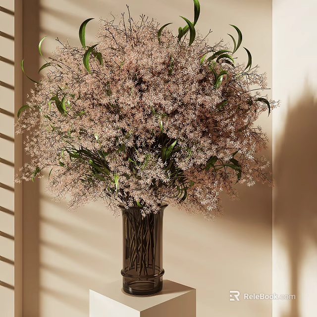 Pink Delicate Flowers With Green Leaves In Dark Vase And Natural Light Shadow 3d model 