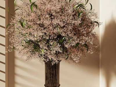 Pink Delicate Flowers With Green Leaves In Dark Vase And Natural Light Shadow 3d model