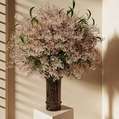 Pink Delicate Flowers With Green Leaves In Dark Vase And Natural Light Shadow 3d model