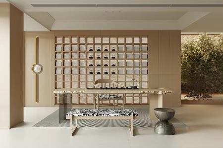 New Chinese Style Tea Room Tea Table Tea Table Tea Set Plaid Tea Cabinet Indoor Landscape Landscaping Tea Room Background Wall 3d model