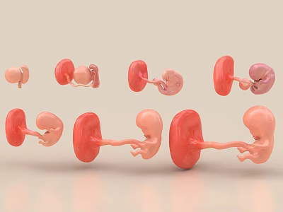 Different Stages Baby Fetal Model Decorative Ornament Set With Pink Red Hues 3d model