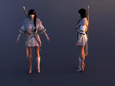 Game Movie Warrior Character With Long Braided Hair White Gray Costume And Back Weapon 3d model