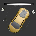 Yellow Sports Car 3D Render With Circular Logo And Yellow Cubes