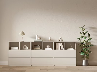 Minimalist White Entryway Console Cabinet With Table Lamp Books Decorative Items And Green Plant 3d model