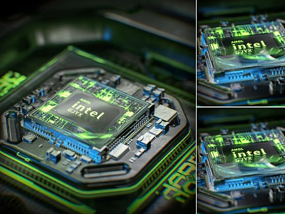 Intel Processor Chip With Green Lighting And Detailed Circuit Board Design 3d model