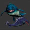 Vibrant Blue Green Finned And Purple Spiky Mythical Creatures With Fangs And Tongue Out