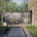 Modern Courtyard Garden With Stone Walls Red Maple Tree Green Plants And Stone Slab Flooring