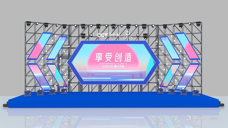 Modern Stage With Geometric Backdrop Lighting And Creation Event Design 3d model 