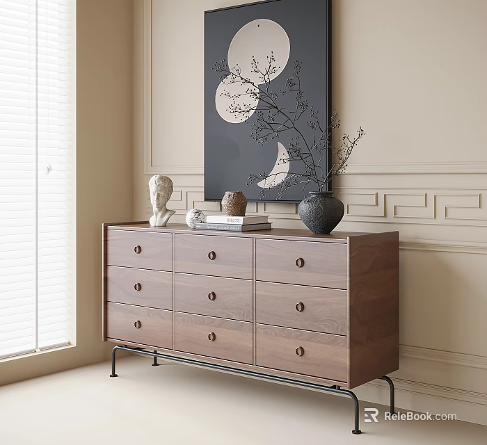 Brown Wooden Entryway Cabinet With Drawers Metal Legs Decorative Artwork Vase Sculpture And Books 3d model 