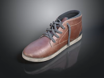Stylish Brown Mid Top Leather Casual Shoes With Gray Laces And Light Sole 3d model