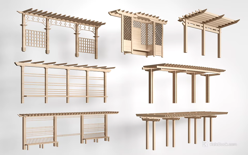 Different Wooden Pergola Designs Featuring Lattice Panels Roof Structures And Support Posts 3d model 
