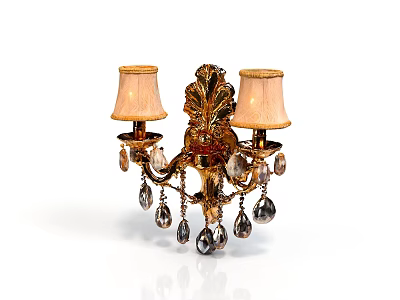 Elegant Ornate Gold Wall Sconce With Two Lampshades And Crystal Pendants 3d model
