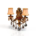 Elegant Ornate Gold Wall Sconce With Two Lampshades And Crystal Pendants