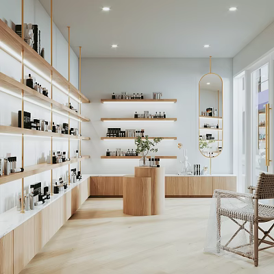 Modern Specialty Store Interior Featuring Wooden Shelves Product Displays Round Mirror And Potted Plant 3d model