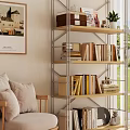 Modern Metal Frame Bookcase with Wooden Shelves Books Photos and Plants Near Armchair and Window