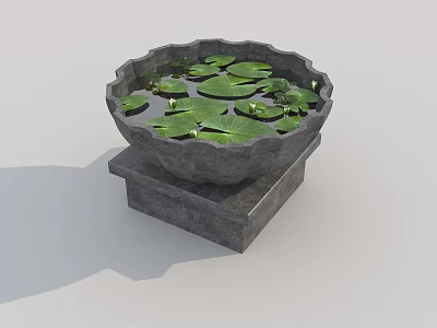 Decorative Garden Ornament With Stone Basin And Lotus Leaves On Pedestal 3d model