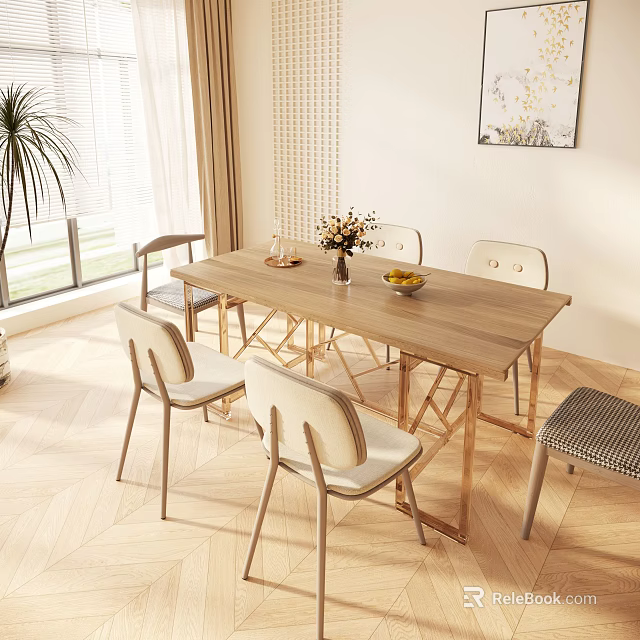 Minimalist Wooden Dining Table Set With Chairs Natural Light And Plant 3d model 