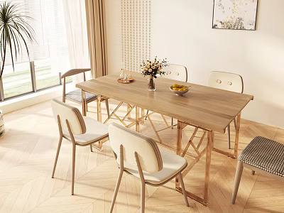 Minimalist Wooden Dining Table Set With Chairs Natural Light And Plant 3d model