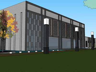 Modern Commercial Complex Exterior With Grid Design Lawn Street Lamps And Trees 3d model